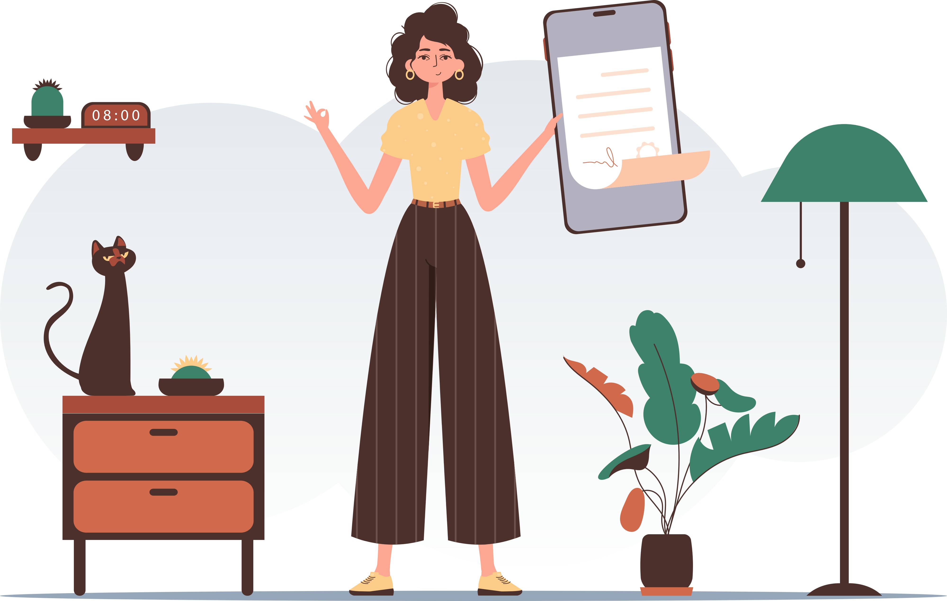 Illustratie van een ondernemer die haar contentsysteem raadpleegt