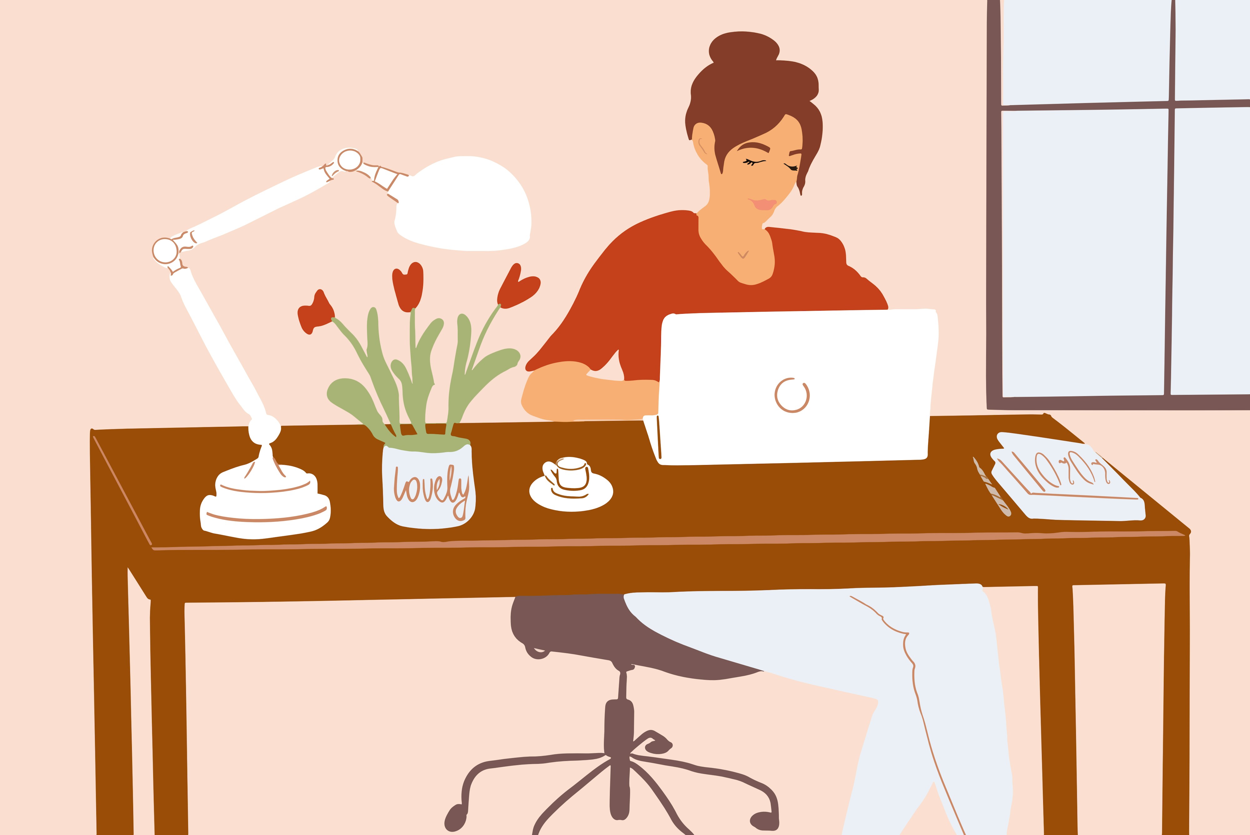 Illustratie van een bureau met laptop, lamp en bloemen &mdash; idee&euml;n en content verspreid over de werkplek