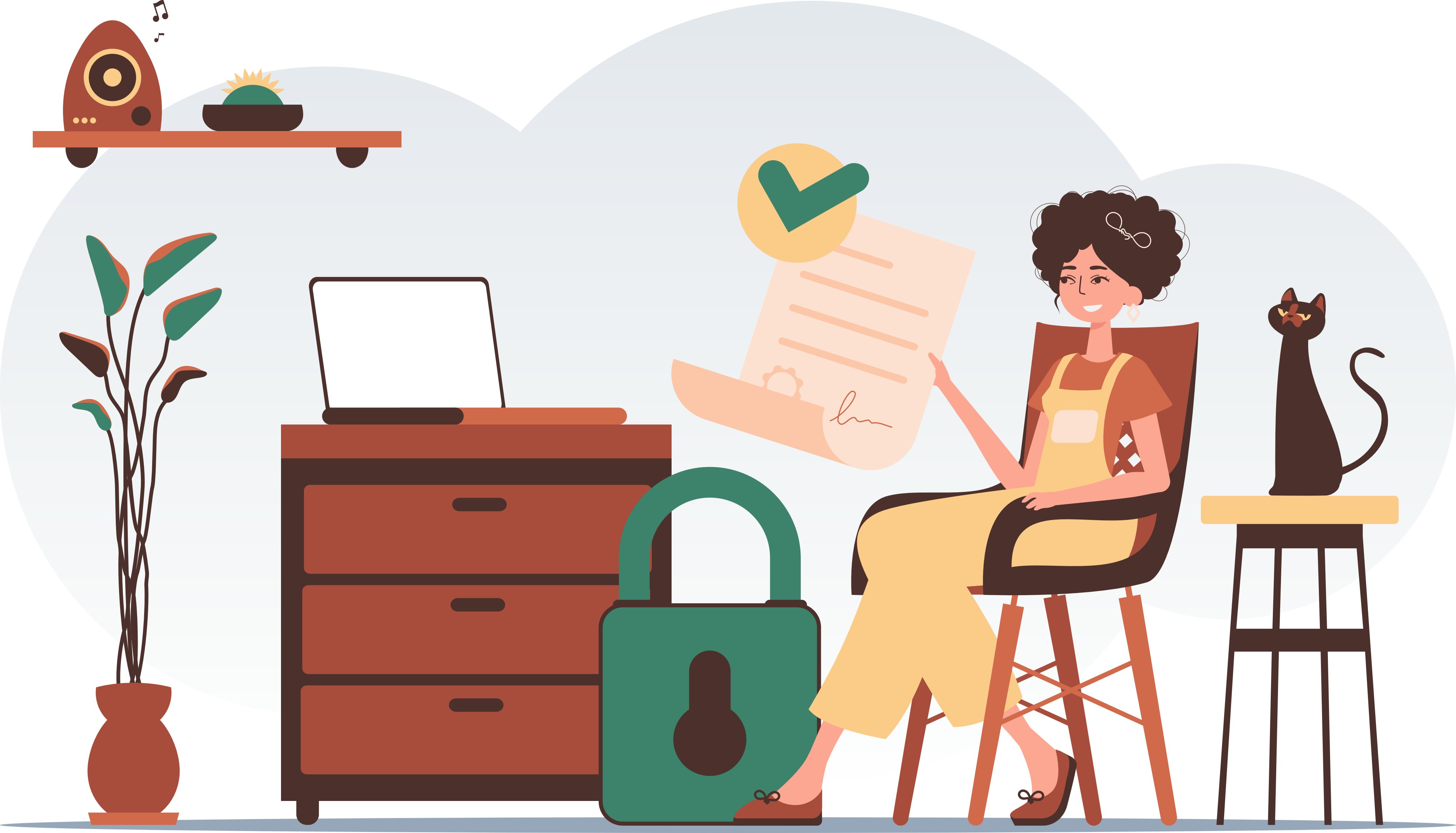Illustratie van een goedgekeurd document met slot, symbool voor een veilig en compleet ingericht systeem
