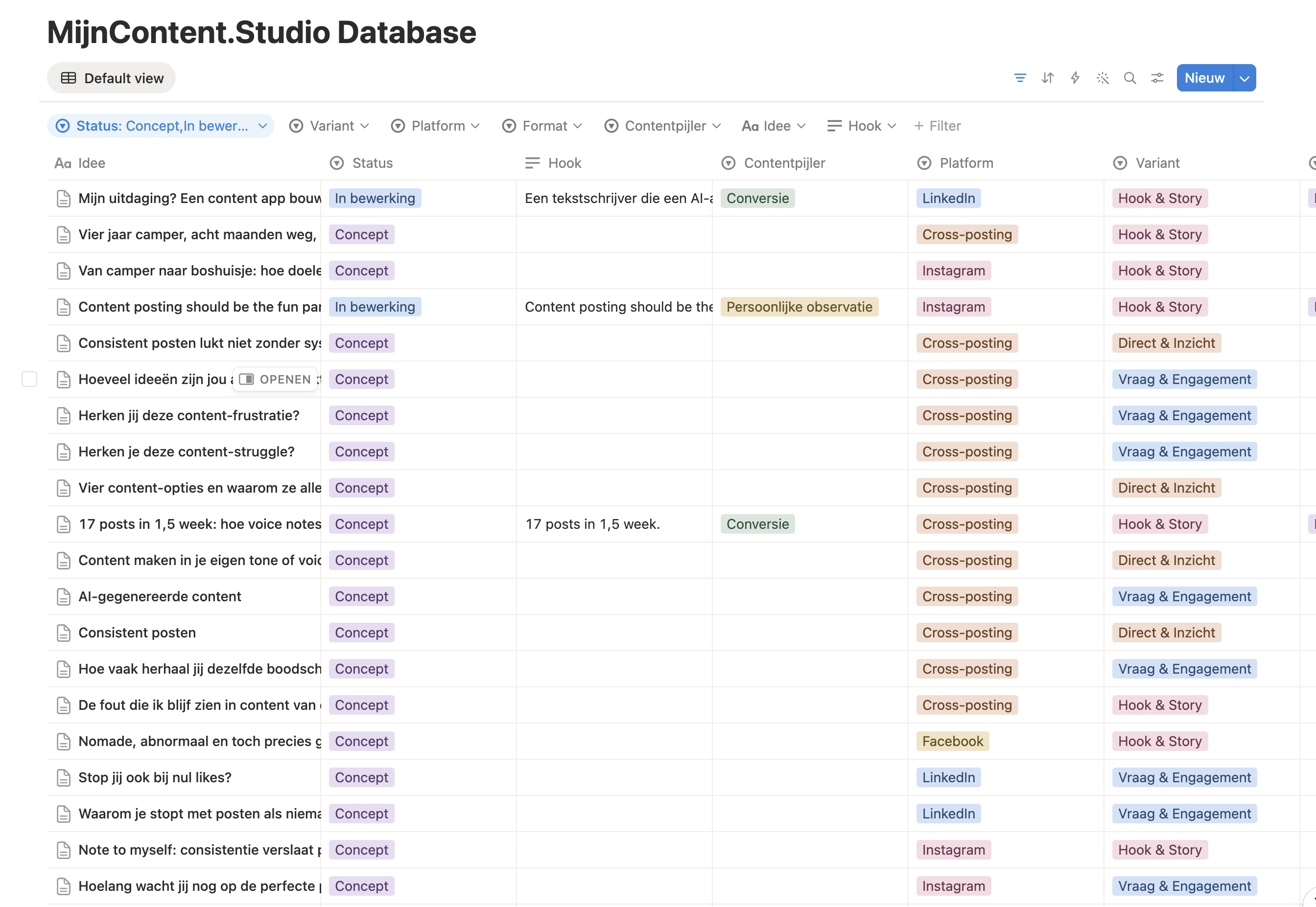 De contentdatabase in Notion met al je posts, hooks en contentpijlers