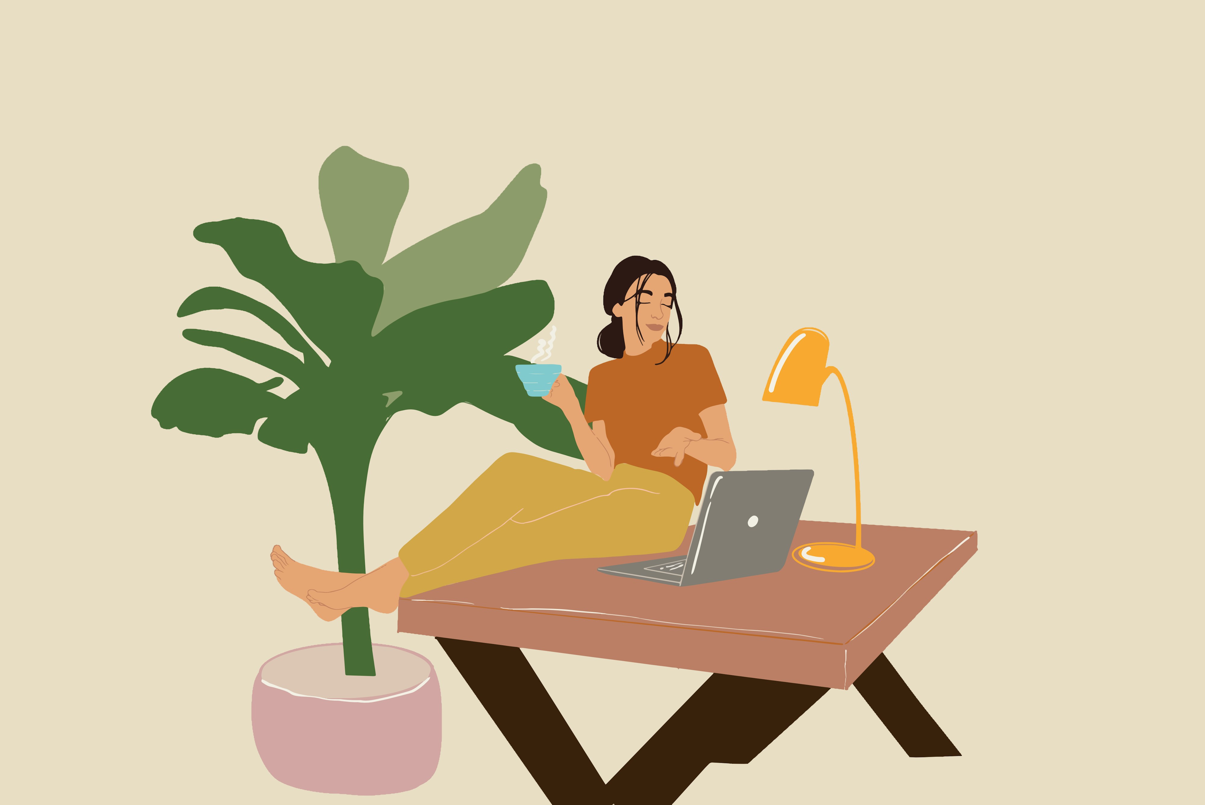 Illustratie van een ondernemer die druk aan het werk is, tussen laptop, koffie en aantekeningen