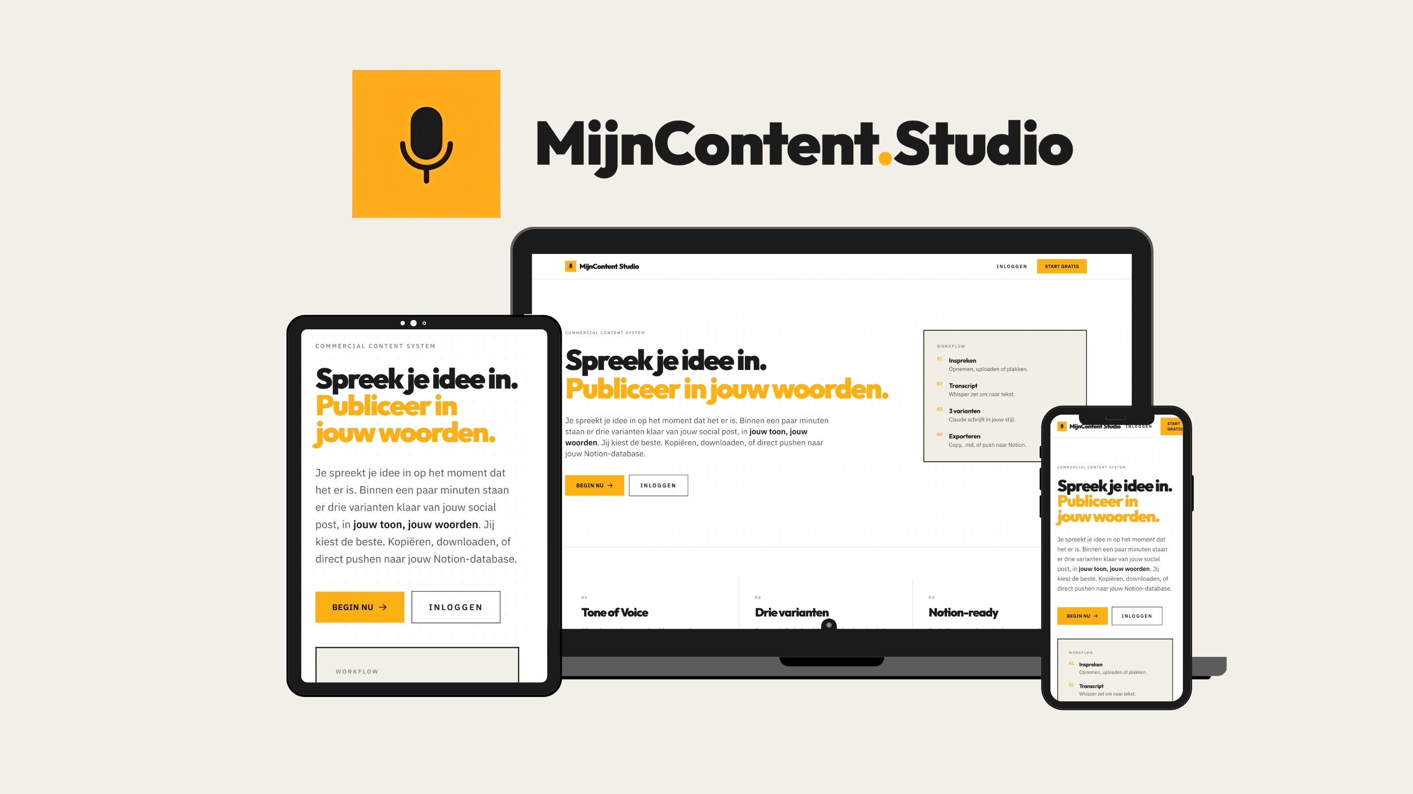 De app MijnContent.Studio op laptop, tablet en telefoon